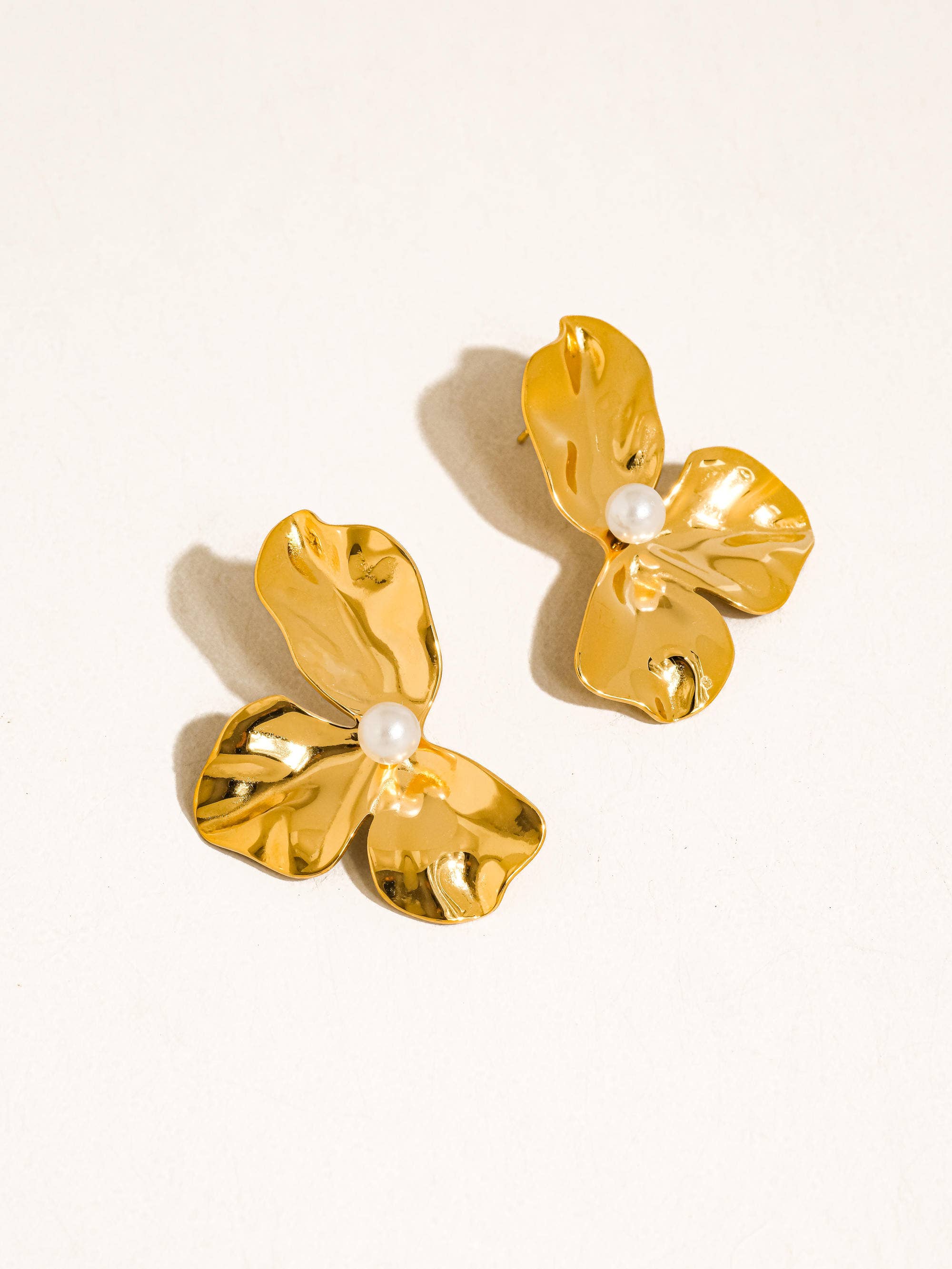 Vintessa 18K gold flower shell pearl drop earrings, hypoallergenic, on white background